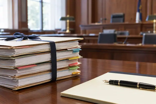 Tabbed case files and a fountain pen on a counsel table in court