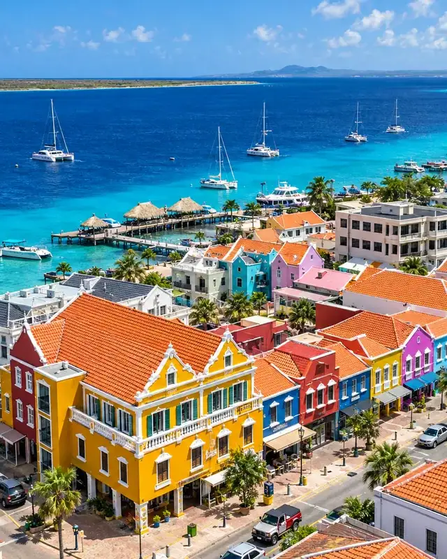 Kralendijk waterfront and colorful historic buildings in Bonaire