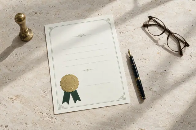 Licence certificate with an embossed gold seal, a brass stamp and a pen