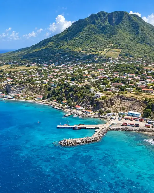 Aerial view of Oranjestad and The Quill volcano in Sint Eustatius