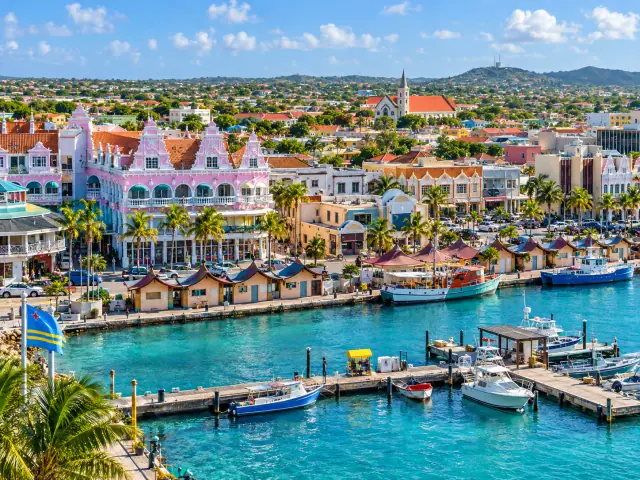 Oranjestad waterfront and marina with colorful historic buildings in Aruba