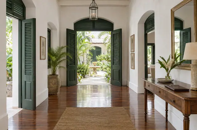 Entrance hall of a Caribbean colonial residence opening onto a courtyard garden