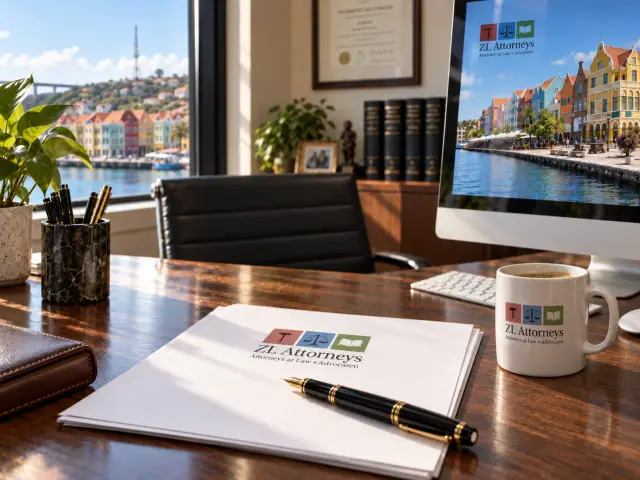Law office workspace with ZL Attorneys stationery and a view of Willemstad’s waterfront